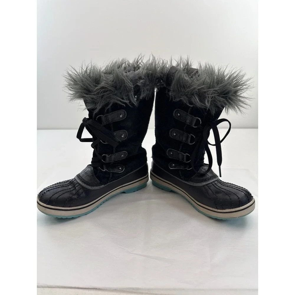 Sorel Joan of Arctic Boots Kids Size 3 Black Waterproof Faux Fur Winter Snow